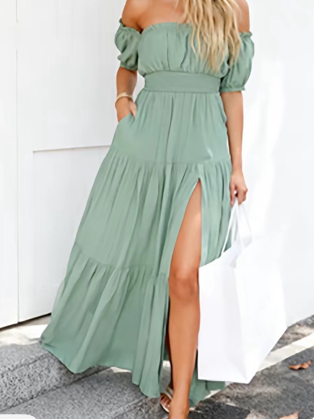 Off-Shoulder Sage Maxi Dress with Side Slit
